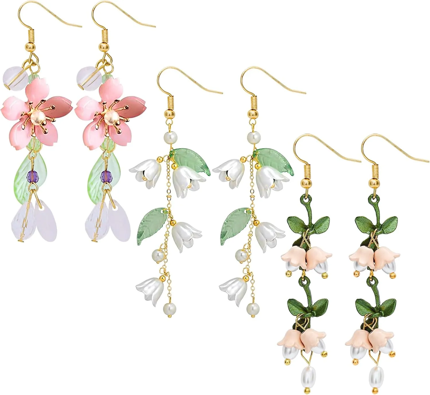 NEWITIN 3 Pairs Long Flower Earrings for Women Hypoallergenic Earring Leaf Floral Tassel Earring Statement Flower Dangle Pink Floral Earrings for Women