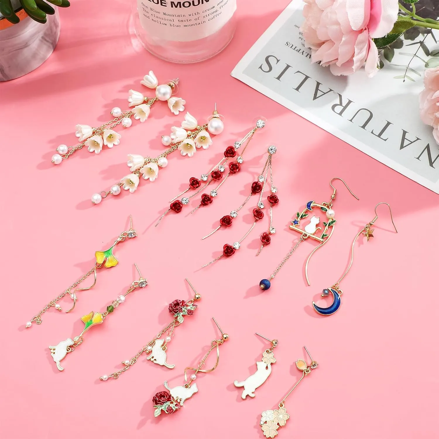 NEWITIN 6 Pairs Flower Earrings for Women Hypoallergenic Earring Pearl Leaf Floral Tassel Earring Statement Long Flower Dangle Earrings for Women