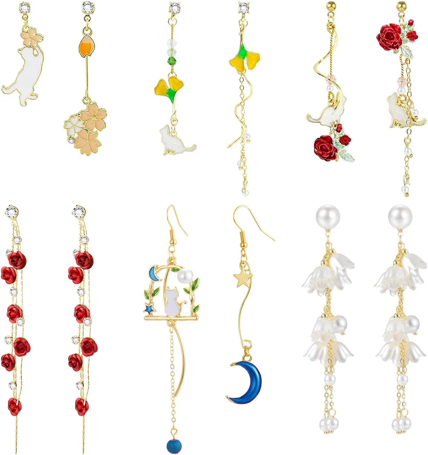 NEWITIN 6 Pairs Flower Earrings for Women Hypoallergenic Earring Pearl Leaf Floral Tassel Earring Statement Long Flower Dangle Earrings for Women