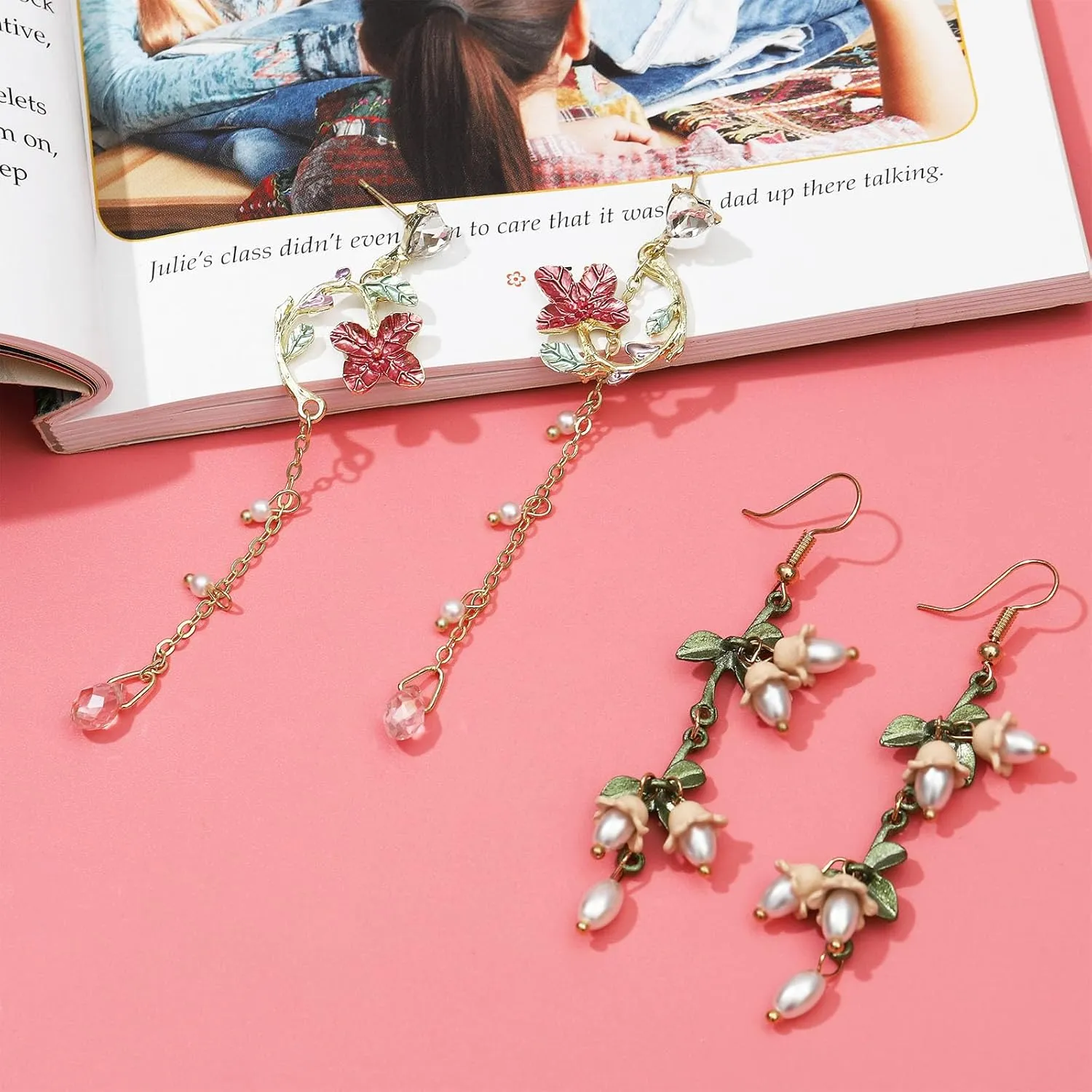 NEWITIN 6 Pairs Flower Earrings for Women Hypoallergenic Earring Pearl Leaf Floral Tassel Earring Statement Long Flower Dangle Earrings for Women