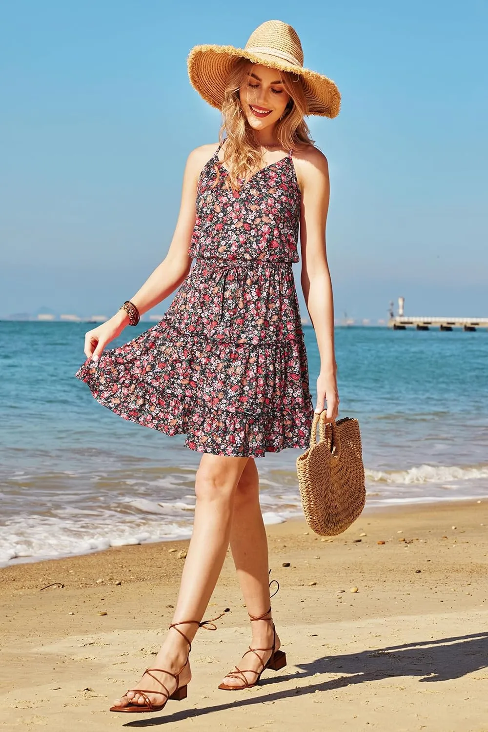 Newshows Women's 2025 Summer Dress Spaghetti Strap Casual Boho Beach Vacation Outfits Drawstring Ruffle Hem Sundress Trendy