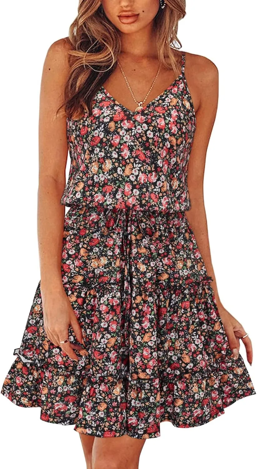 Newshows Women's 2025 Summer Dress Spaghetti Strap Casual Boho Beach Vacation Outfits Drawstring Ruffle Hem Sundress Trendy