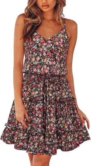Newshows Women's 2025 Summer Dress Spaghetti Strap Casual Boho Beach Vacation Outfits Drawstring Ruffle Hem Sundress Trendy