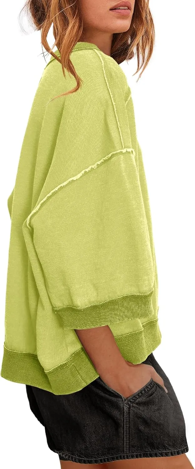 Nirovien Womens Oversized Sweatshirt 3/4 Sleeve Crewneck Sweatshirts Summer Color Block Pullover Tops