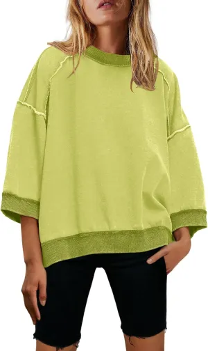 Nirovien Womens Oversized Sweatshirt 3/4 Sleeve Crewneck Sweatshirts Summer Color Block Pullover Tops