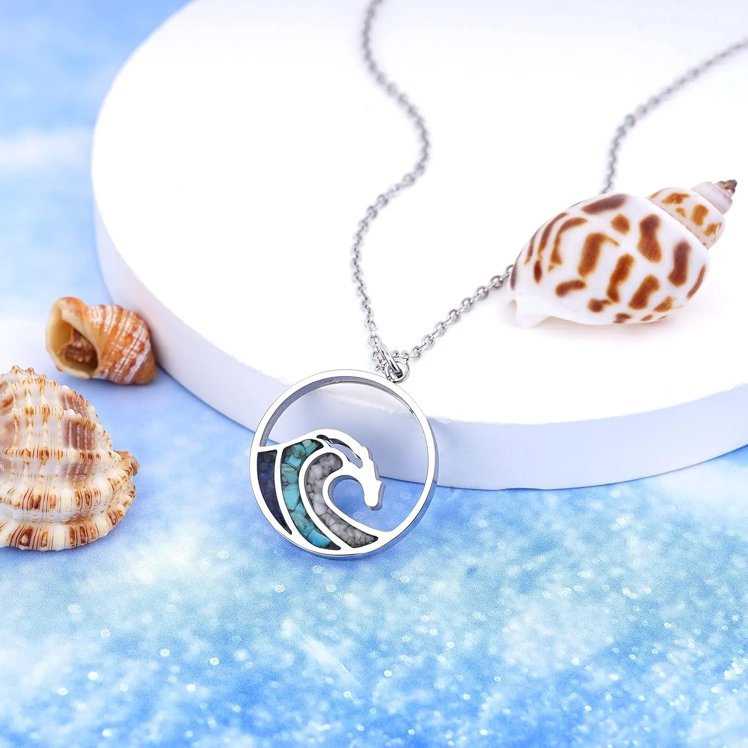 Ocean Wave Pendant Necklace for Women, Ocean Beach Themed Jewelry Gifts for Women, Turquoise Sodalite Chips Stainless Steel Necklace, Blue Surf Necklace for Women