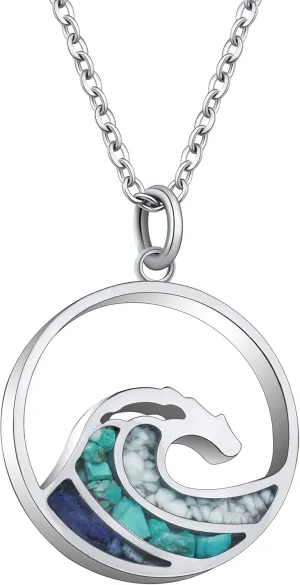 Ocean Wave Pendant Necklace for Women, Ocean Beach Themed Jewelry Gifts for Women, Turquoise Sodalite Chips Stainless Steel Necklace, Blue Surf Necklace for Women