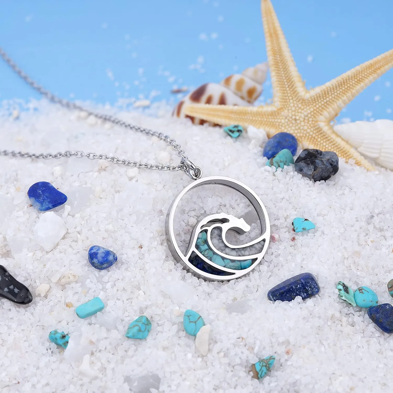 Ocean Wave Pendant Necklace for Women, Ocean Beach Themed Jewelry Gifts for Women, Turquoise Sodalite Chips Stainless Steel Necklace, Blue Surf Necklace for Women