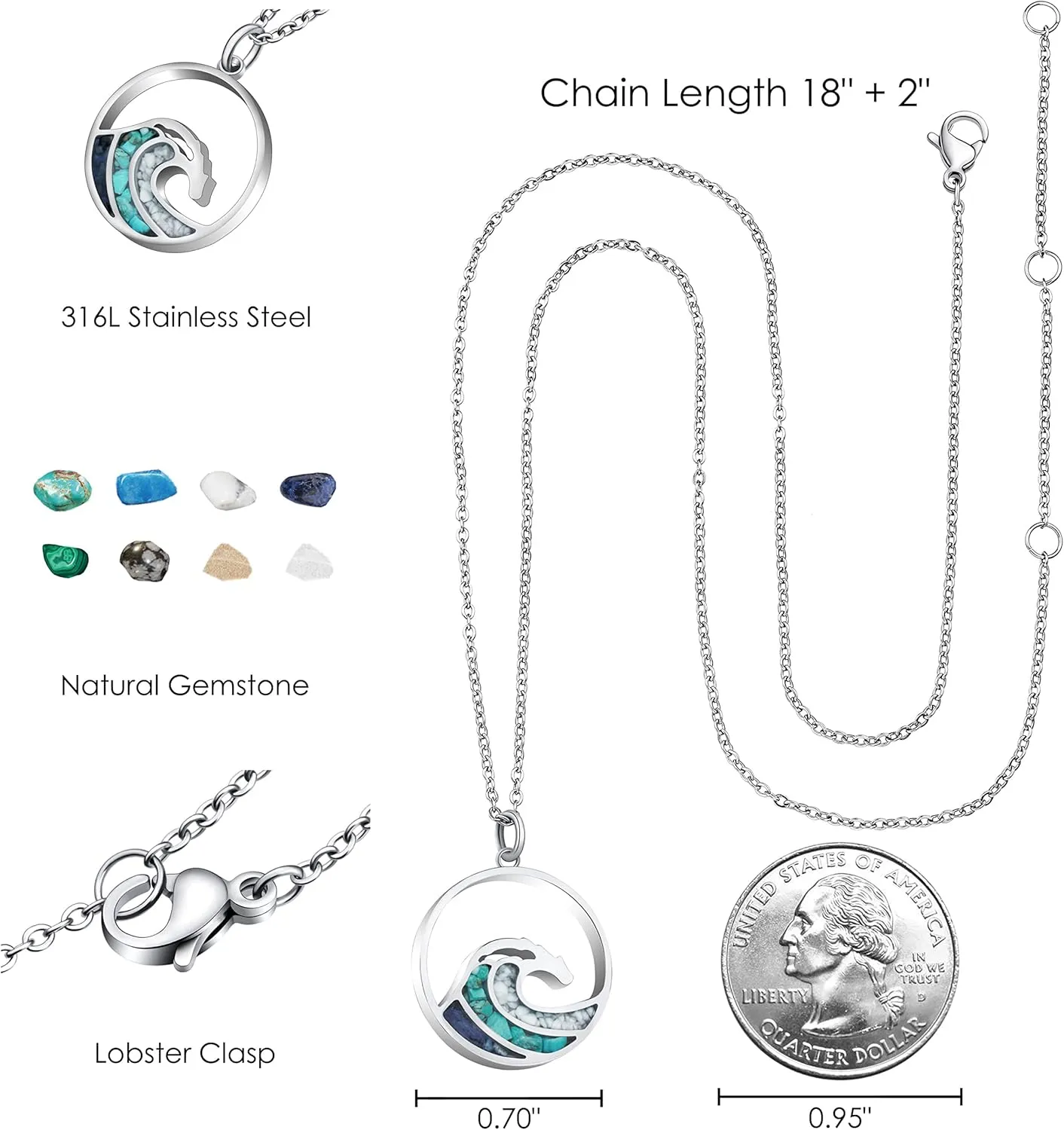 Ocean Wave Pendant Necklace for Women, Ocean Beach Themed Jewelry Gifts for Women, Turquoise Sodalite Chips Stainless Steel Necklace, Blue Surf Necklace for Women