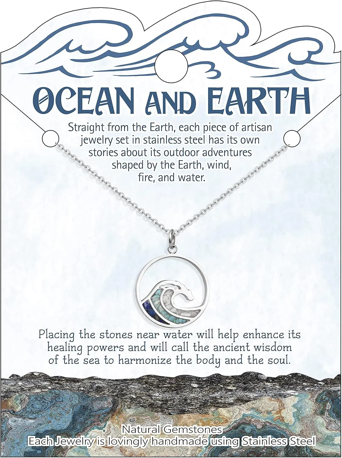 Ocean Wave Pendant Necklace for Women, Ocean Beach Themed Jewelry Gifts for Women, Turquoise Sodalite Chips Stainless Steel Necklace, Blue Surf Necklace for Women