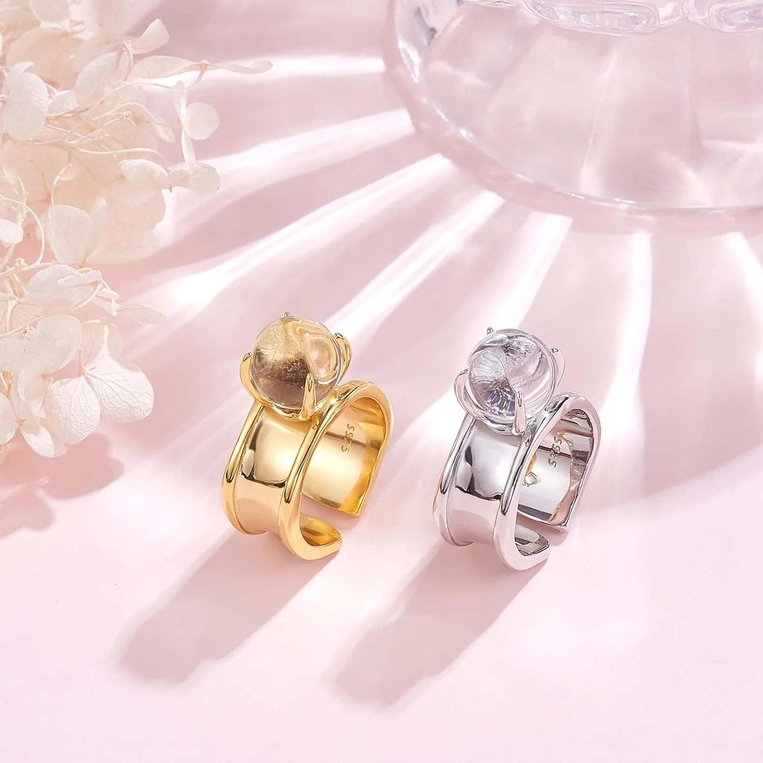 Ornaland Women Open Rings Adjustable 925 Sterling Silver Rings with Crystal Fashion Wide Rings Cuff Finger Ring Jewelry Gift for Women, Platinum