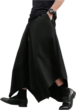 OYOANGLE Men's Skirt Pants Elastic Drawstring Waist Irregular Hem Wide Leg Trousers Loose Harem Pants