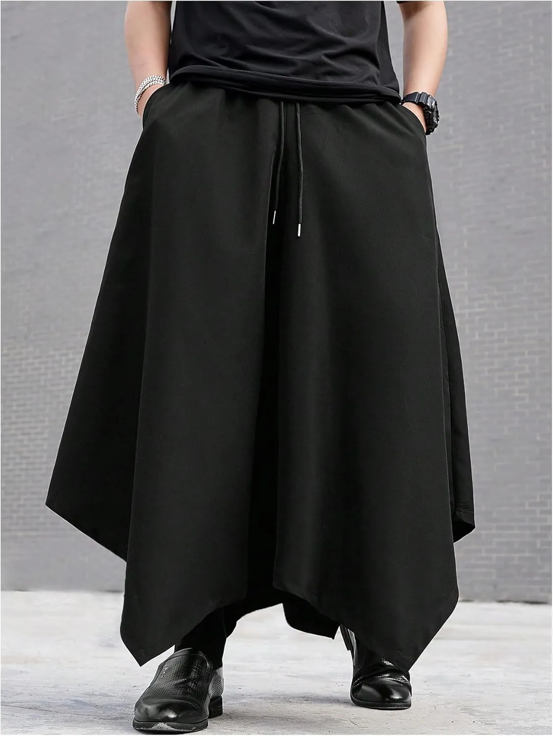 OYOANGLE Men's Skirt Pants Elastic Drawstring Waist Irregular Hem Wide Leg Trousers Loose Harem Pants