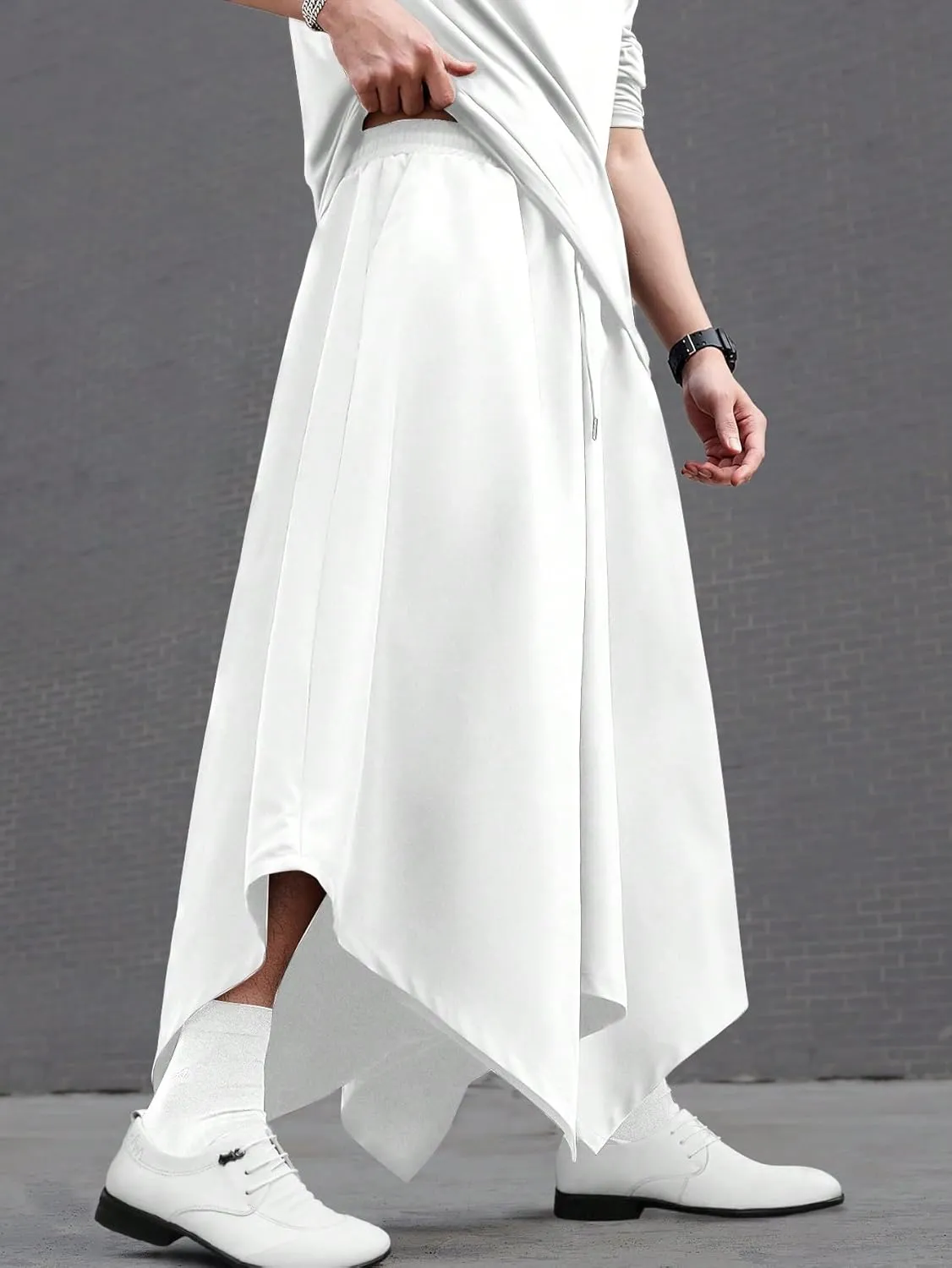 OYOANGLE Men's Skirt Pants Elastic Drawstring Waist Irregular Hem Wide Leg Trousers Loose Harem Pants
