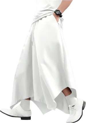 OYOANGLE Men's Skirt Pants Elastic Drawstring Waist Irregular Hem Wide Leg Trousers Loose Harem Pants