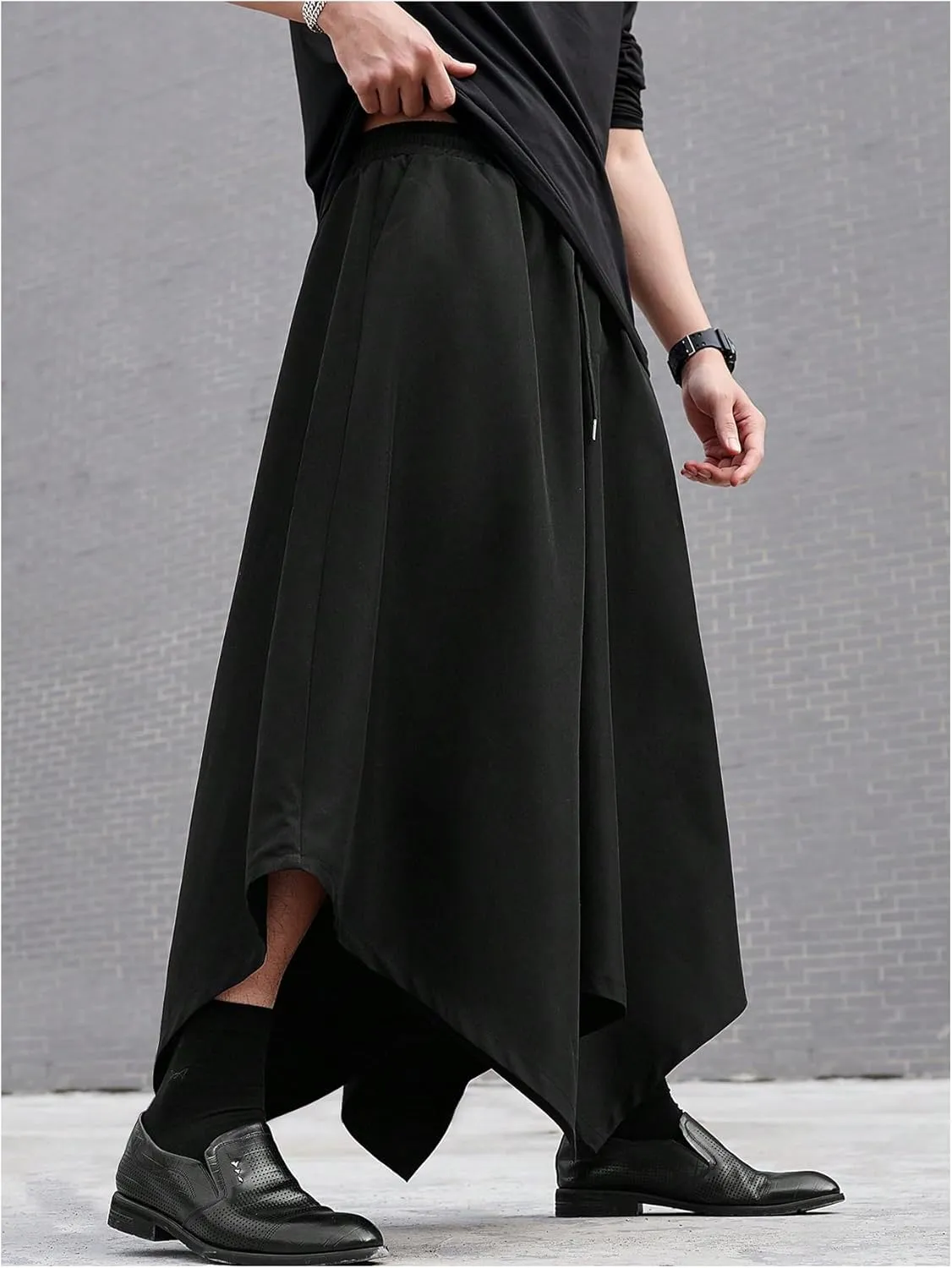 OYOANGLE Men's Skirt Pants Elastic Drawstring Waist Irregular Hem Wide Leg Trousers Loose Harem Pants