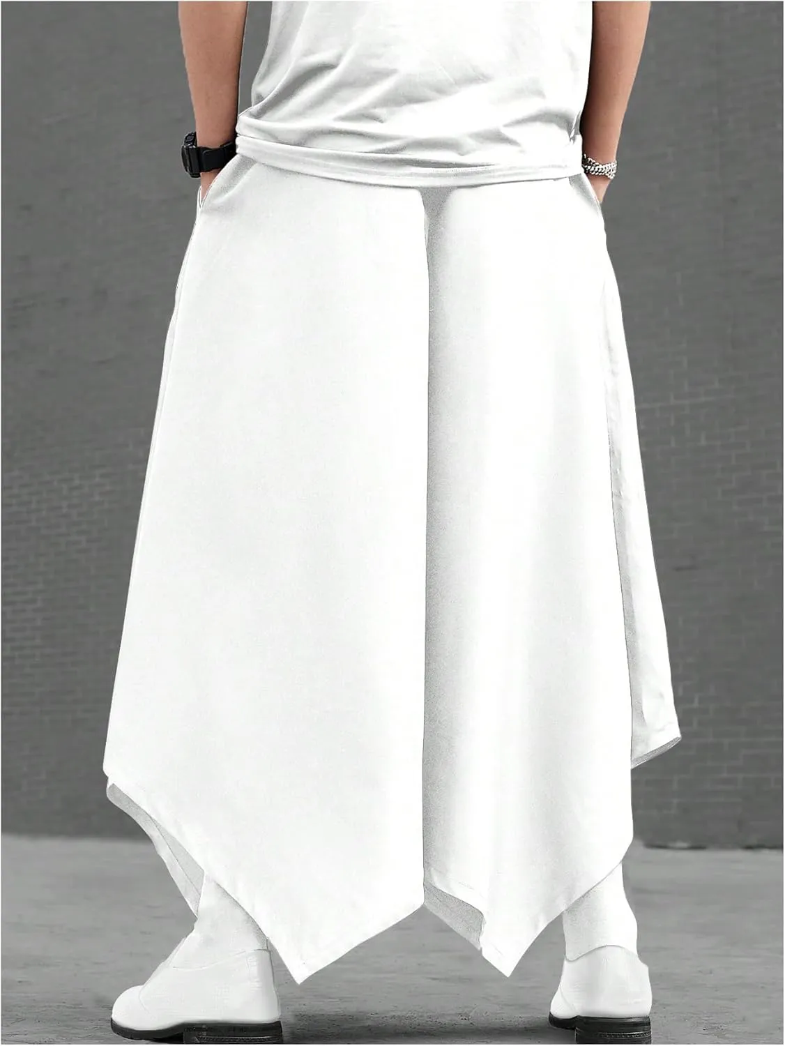 OYOANGLE Men's Skirt Pants Elastic Drawstring Waist Irregular Hem Wide Leg Trousers Loose Harem Pants