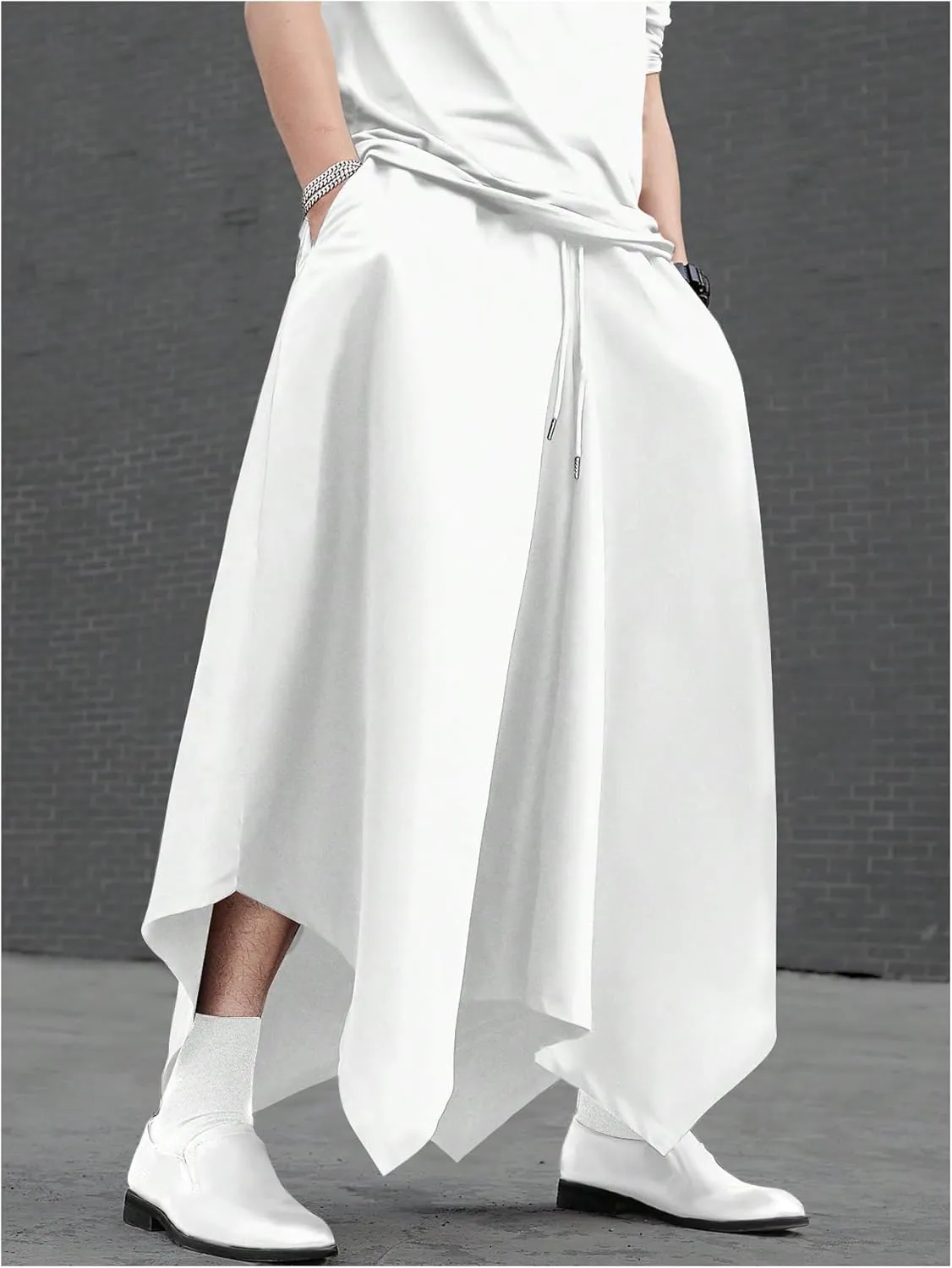 OYOANGLE Men's Skirt Pants Elastic Drawstring Waist Irregular Hem Wide Leg Trousers Loose Harem Pants