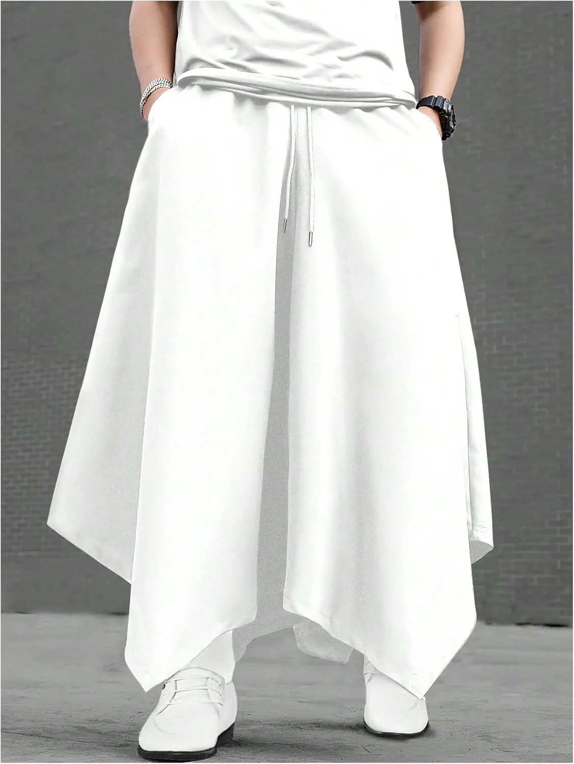 OYOANGLE Men's Skirt Pants Elastic Drawstring Waist Irregular Hem Wide Leg Trousers Loose Harem Pants