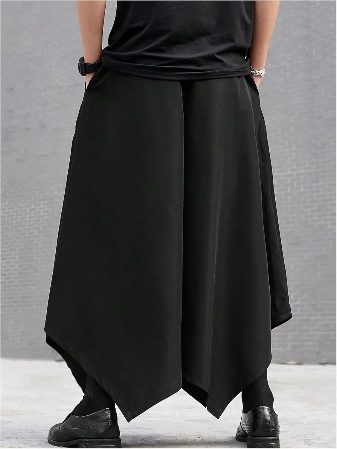 OYOANGLE Men's Skirt Pants Elastic Drawstring Waist Irregular Hem Wide Leg Trousers Loose Harem Pants
