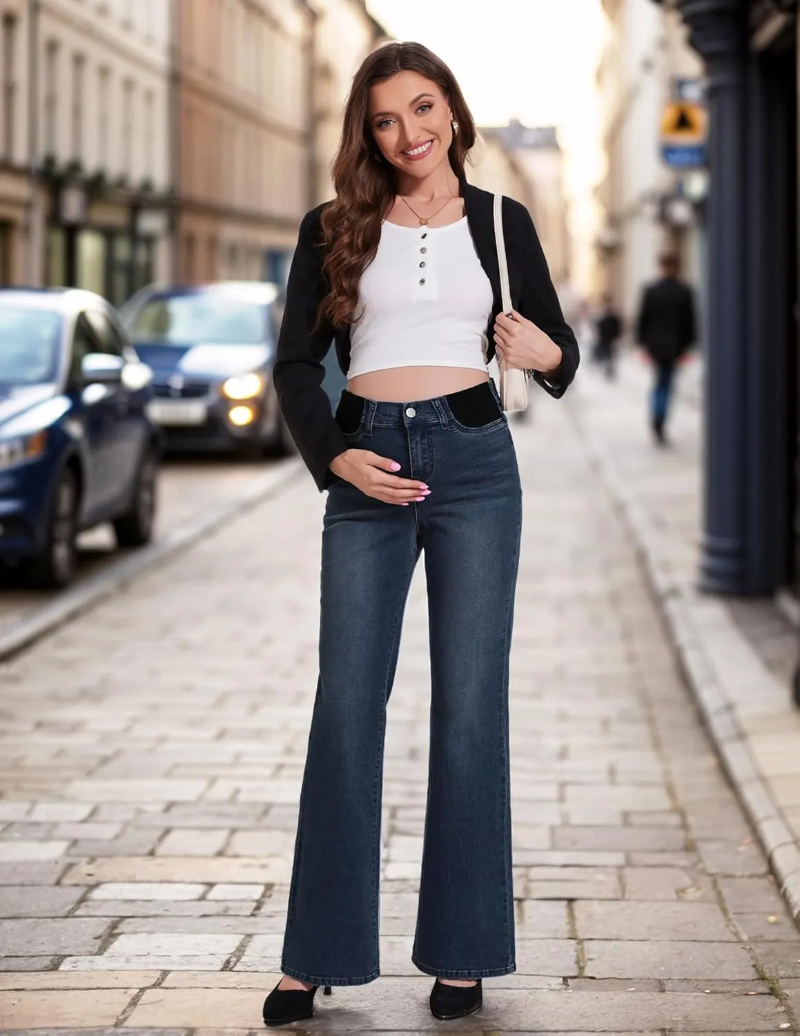 PACBREEZE Women's Maternity Flare Jeans Mid-Rise Stretchy Bell Bootcut Jeans Denim Pregnancy Pants, S-XXL