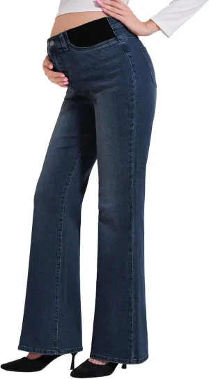 PACBREEZE Women's Maternity Flare Jeans Mid-Rise Stretchy Bell Bootcut Jeans Denim Pregnancy Pants, S-XXL