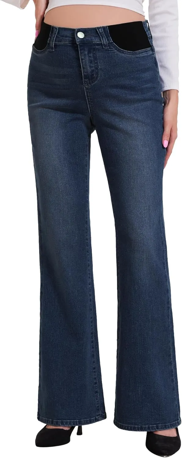 PACBREEZE Women's Maternity Flare Jeans Mid-Rise Stretchy Bell Bootcut Jeans Denim Pregnancy Pants, S-XXL