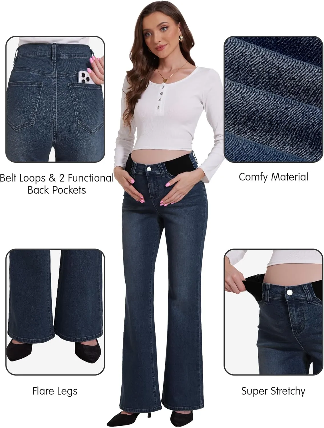 PACBREEZE Women's Maternity Flare Jeans Mid-Rise Stretchy Bell Bootcut Jeans Denim Pregnancy Pants, S-XXL