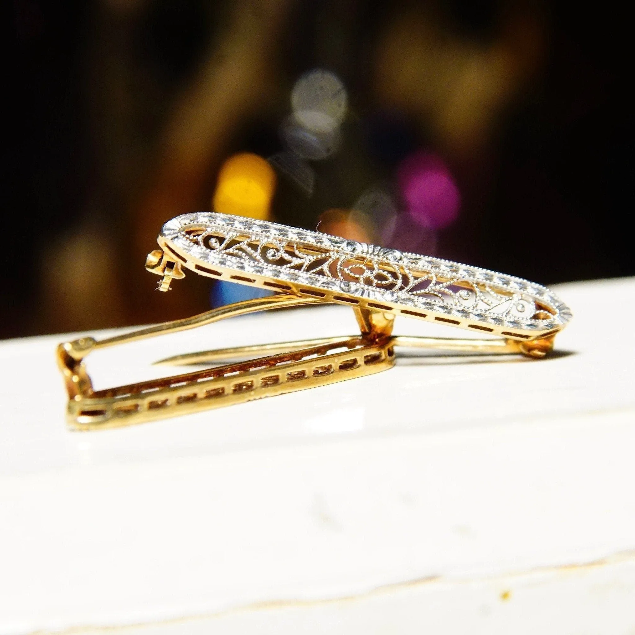 Pair Of 14K White Gold Filigree Bar Pins, Petite Gold Brooch Pins, Yellow Gold Backing, In Original Box,  1 L