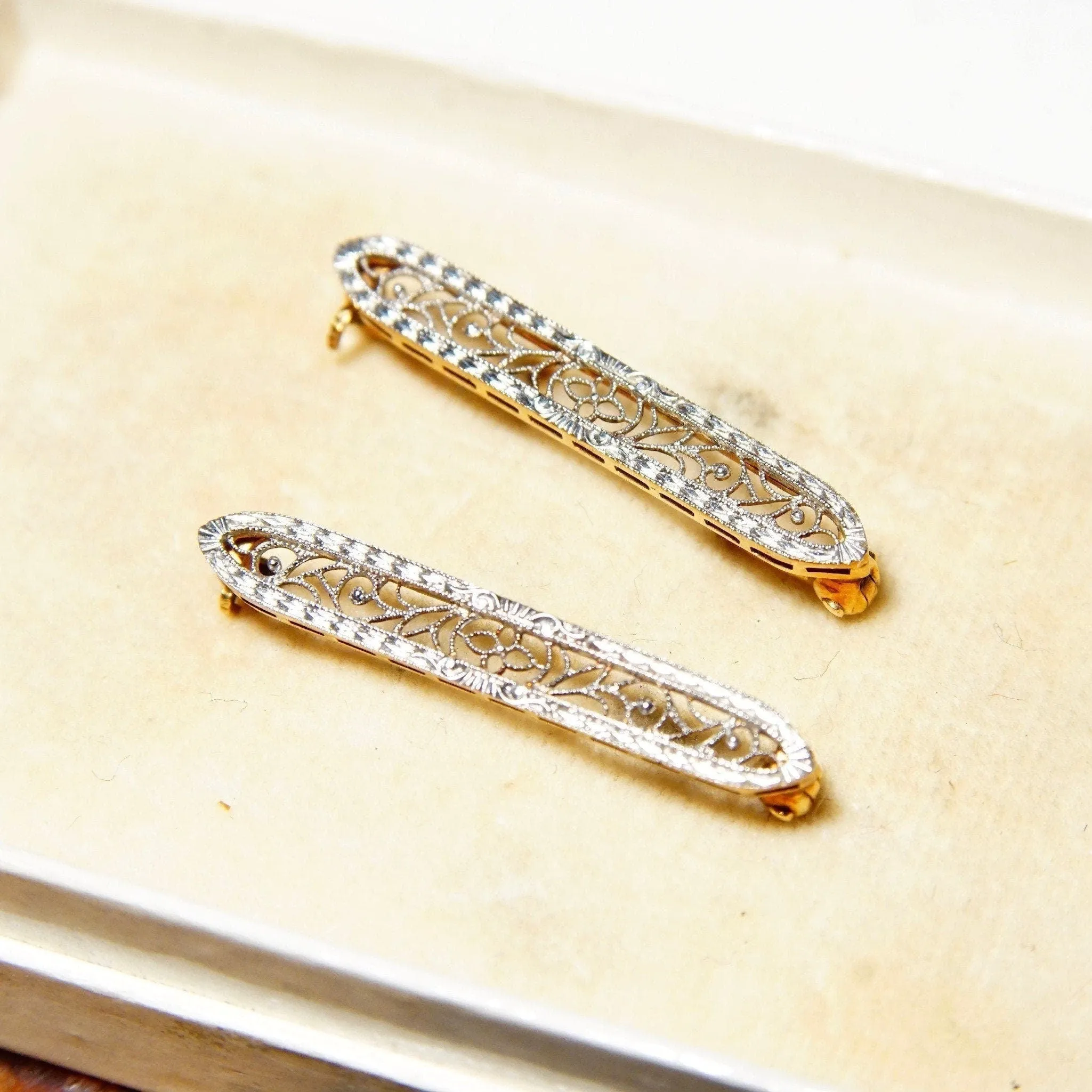 Pair Of 14K White Gold Filigree Bar Pins, Petite Gold Brooch Pins, Yellow Gold Backing, In Original Box,  1 L