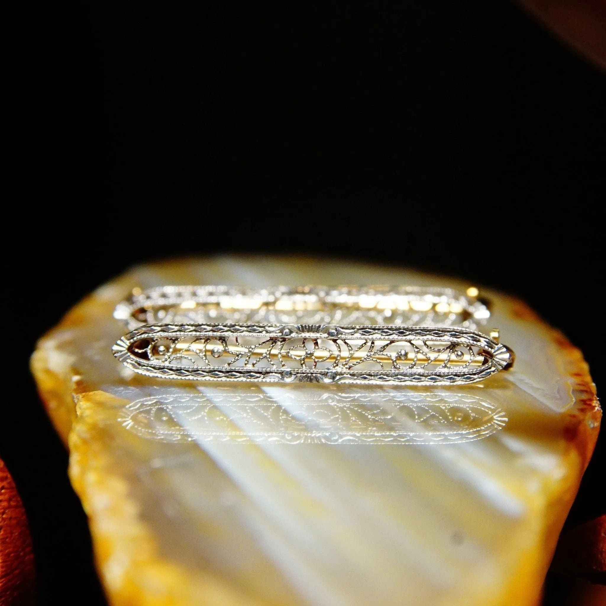 Pair Of 14K White Gold Filigree Bar Pins, Petite Gold Brooch Pins, Yellow Gold Backing, In Original Box,  1 L