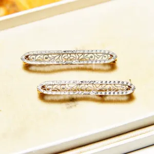 Pair Of 14K White Gold Filigree Bar Pins, Petite Gold Brooch Pins, Yellow Gold Backing, In Original Box,  1 L