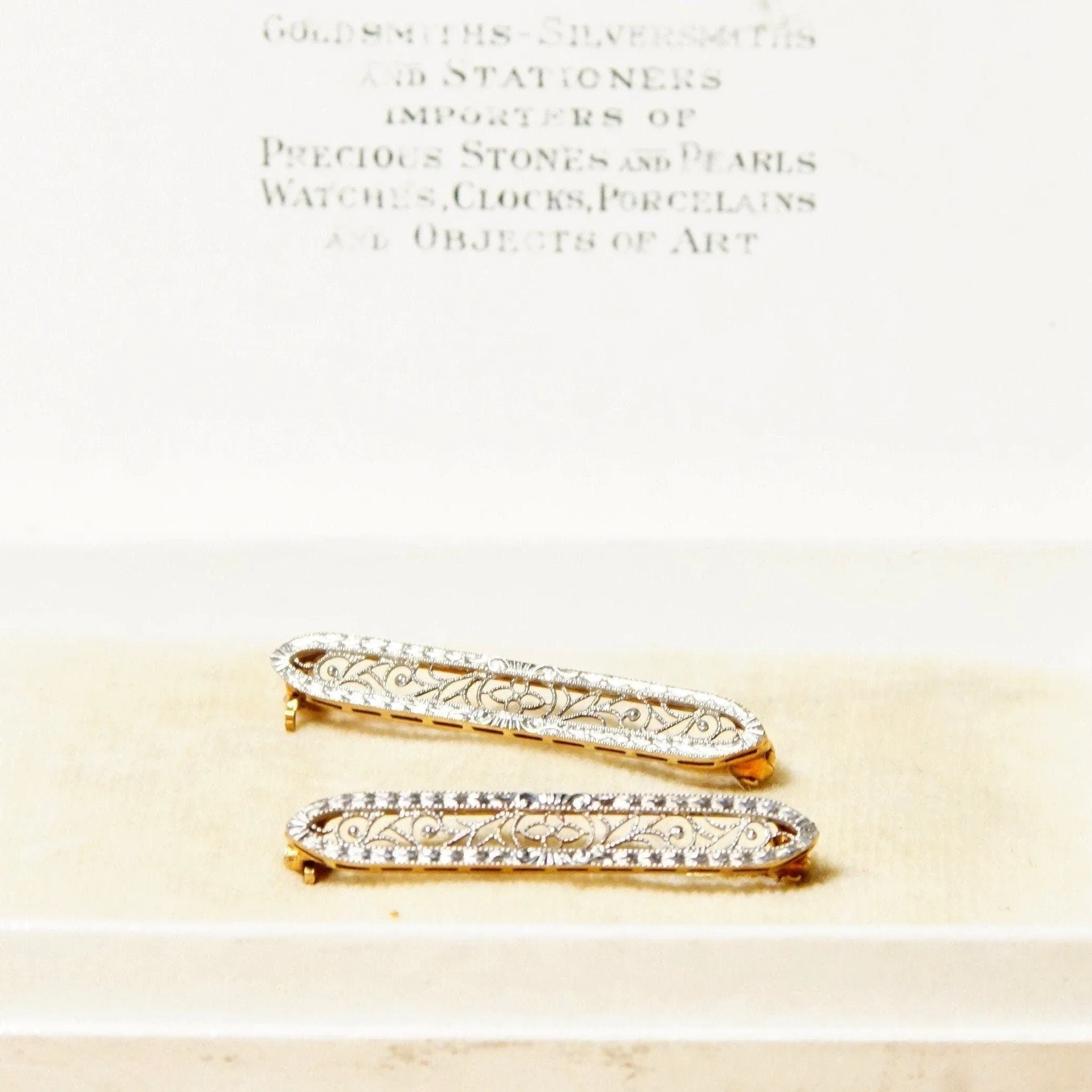 Pair Of 14K White Gold Filigree Bar Pins, Petite Gold Brooch Pins, Yellow Gold Backing, In Original Box,  1 L