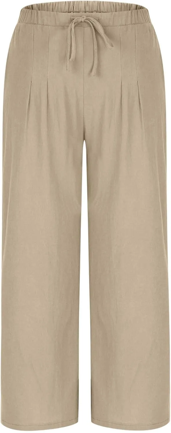Palazzo Pants for Women High Waisted Straight Wide Leg Linen Trousers Drawstring Elastic Summer Outfits