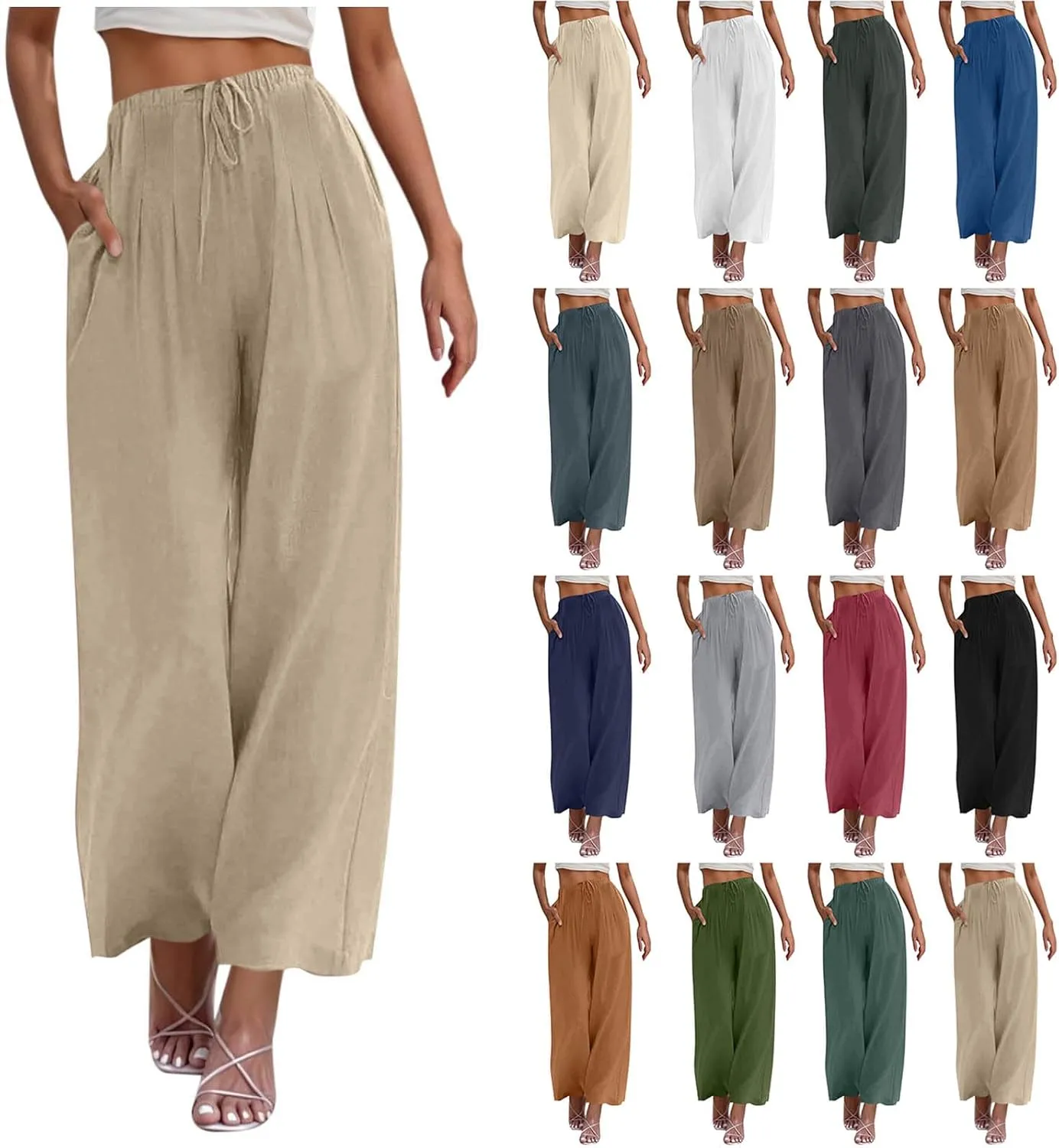 Palazzo Pants for Women High Waisted Straight Wide Leg Linen Trousers Drawstring Elastic Summer Outfits