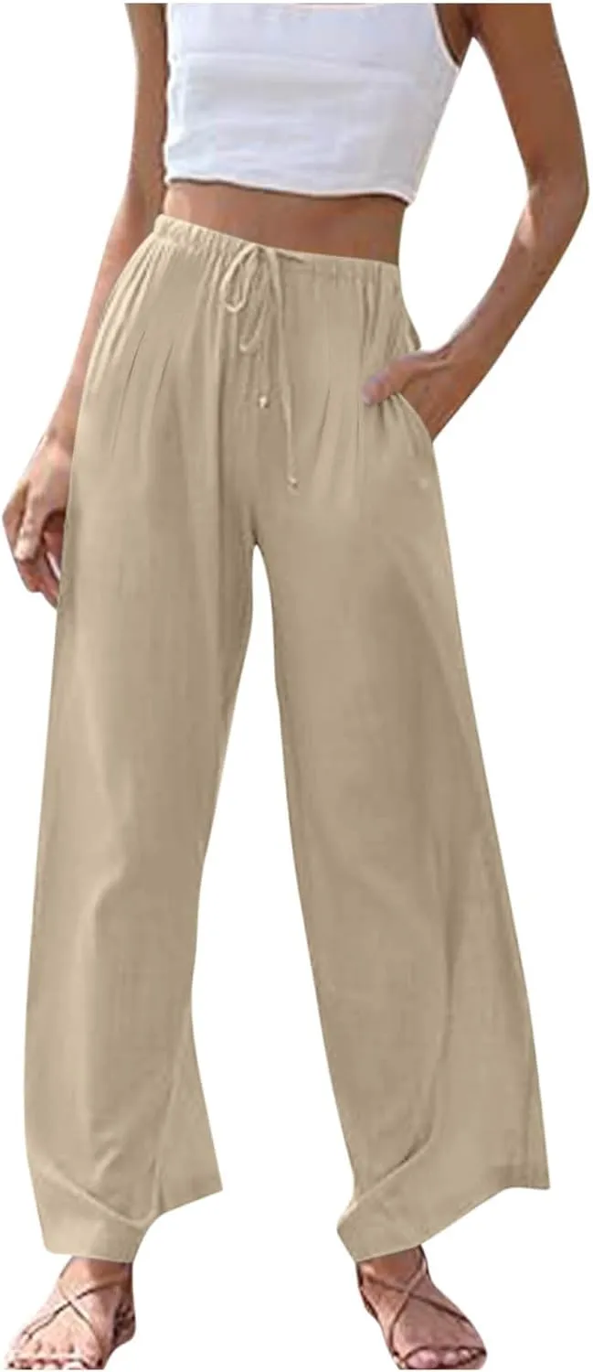 Palazzo Pants for Women High Waisted Straight Wide Leg Linen Trousers Drawstring Elastic Summer Outfits