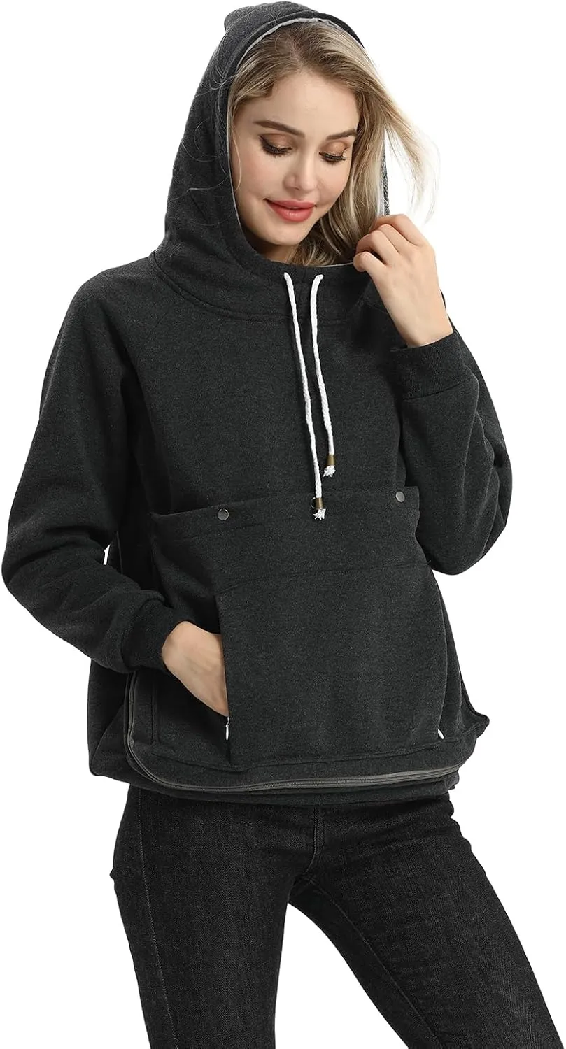 Pet Pouch Hoodie Long Sleeve Fleece Kitten Puppy Holder Carrier Sweatshirt for Women