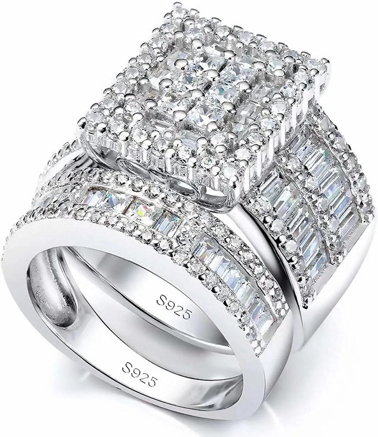 Platinum Over Sterling Silver Big Womens Bridal Rings Set Bling Princess Cut Cubic Zirconia Size 5-11