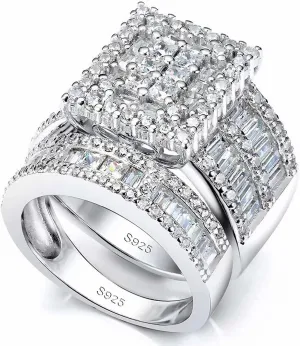Platinum Over Sterling Silver Big Womens Bridal Rings Set Bling Princess Cut Cubic Zirconia Size 5-11