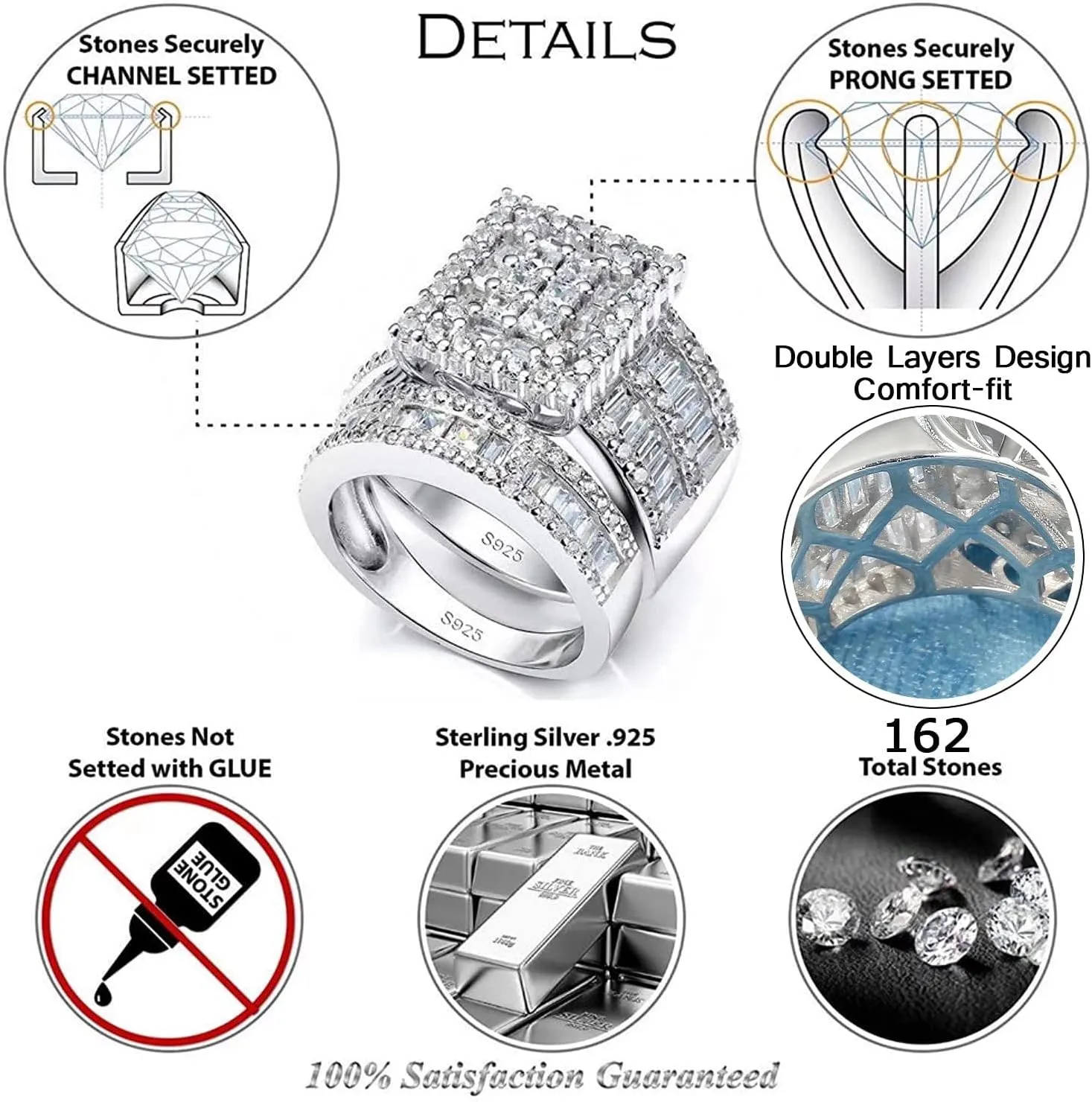 Platinum Over Sterling Silver Big Womens Bridal Rings Set Bling Princess Cut Cubic Zirconia Size 5-11
