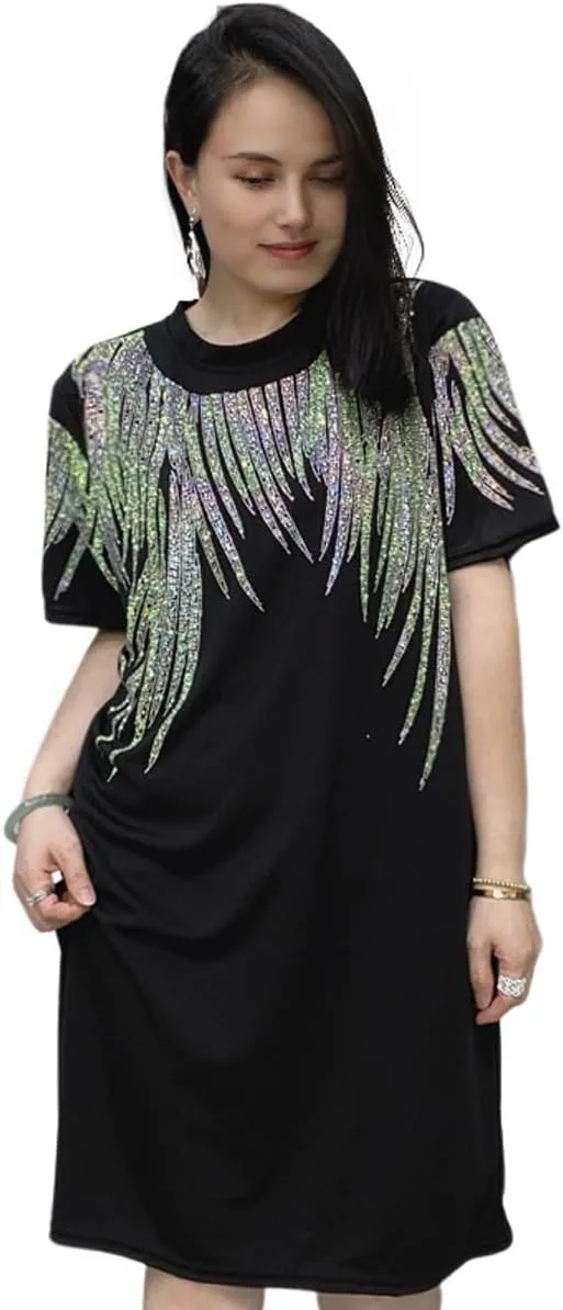 Plus Size Tshirt Dress for Women with Pockets Short Sleeve Summer Midi Dresses Rhinestone Graphic Loose Casual