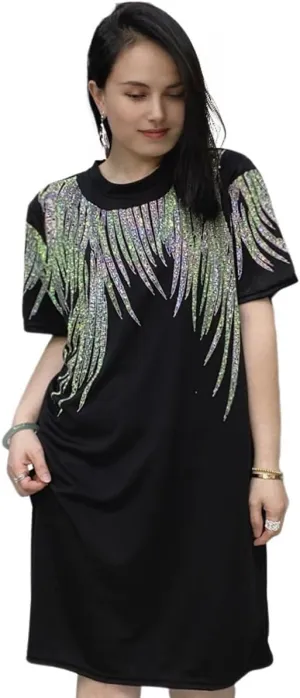 Plus Size Tshirt Dress for Women with Pockets Short Sleeve Summer Midi Dresses Rhinestone Graphic Loose Casual