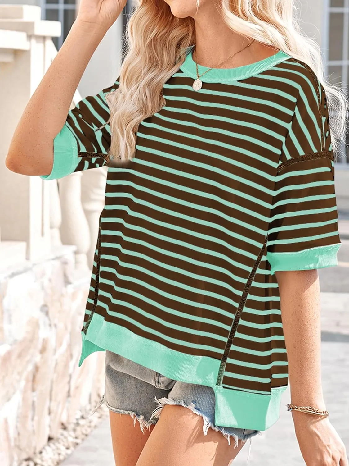 Poetsky Womens Oversized Tops Casual Short Sleeve Striped Shirts Summer Crewneck Pullover Sweatshirt Loose Blouses