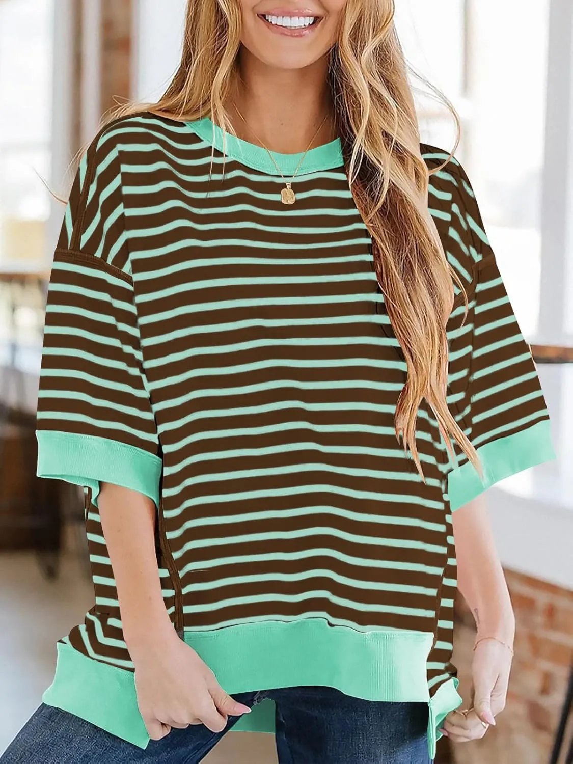 Poetsky Womens Oversized Tops Casual Short Sleeve Striped Shirts Summer Crewneck Pullover Sweatshirt Loose Blouses