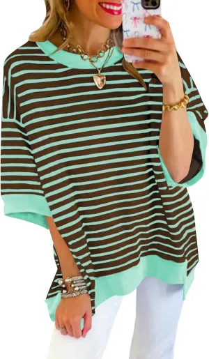 Poetsky Womens Oversized Tops Casual Short Sleeve Striped Shirts Summer Crewneck Pullover Sweatshirt Loose Blouses