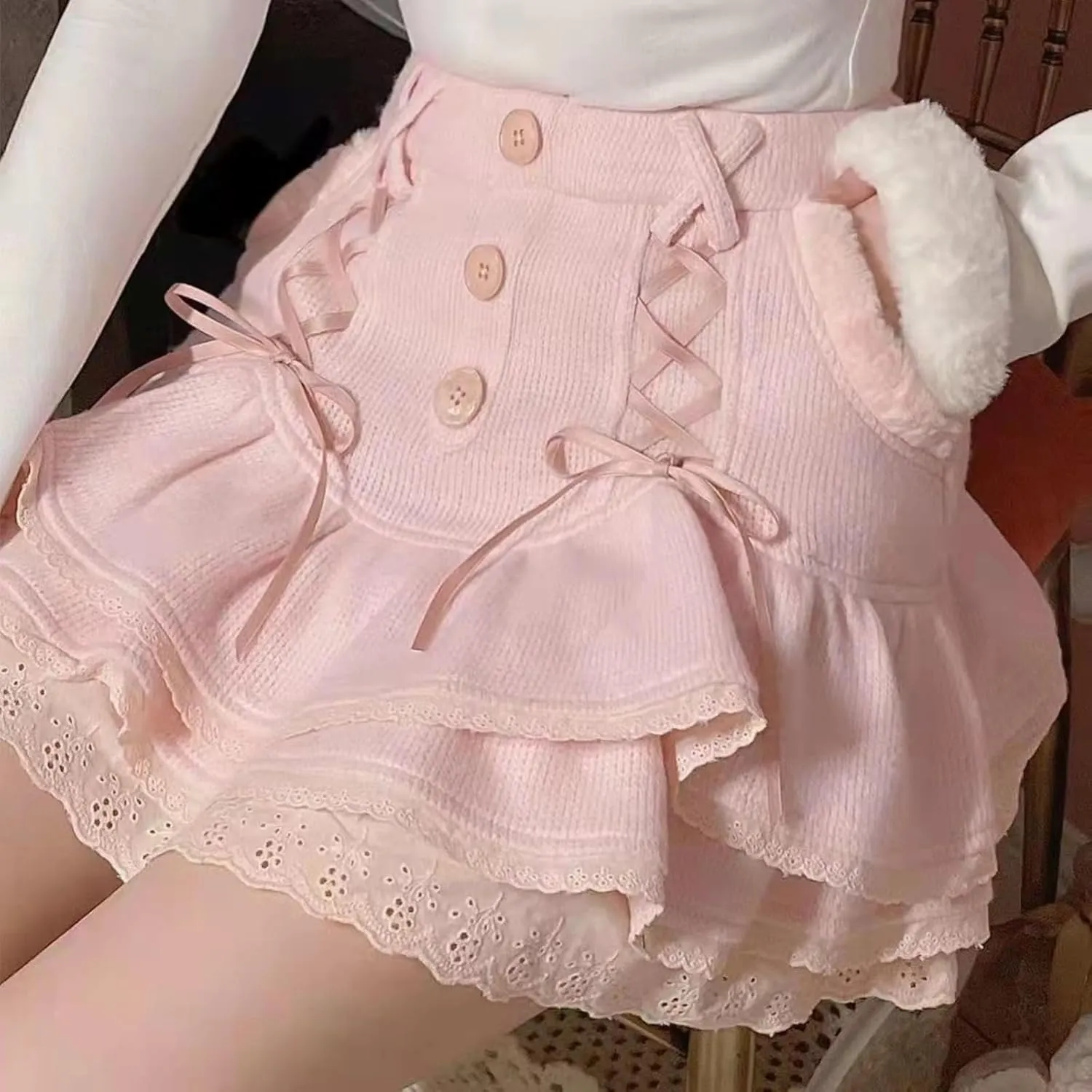 Pokn Mini Skirts Preppy Lolita Kawaii Skirts Harajuku Y2K Skirt Lace Cake Skirts Womens Ruffle Skirt Pleated Skirts