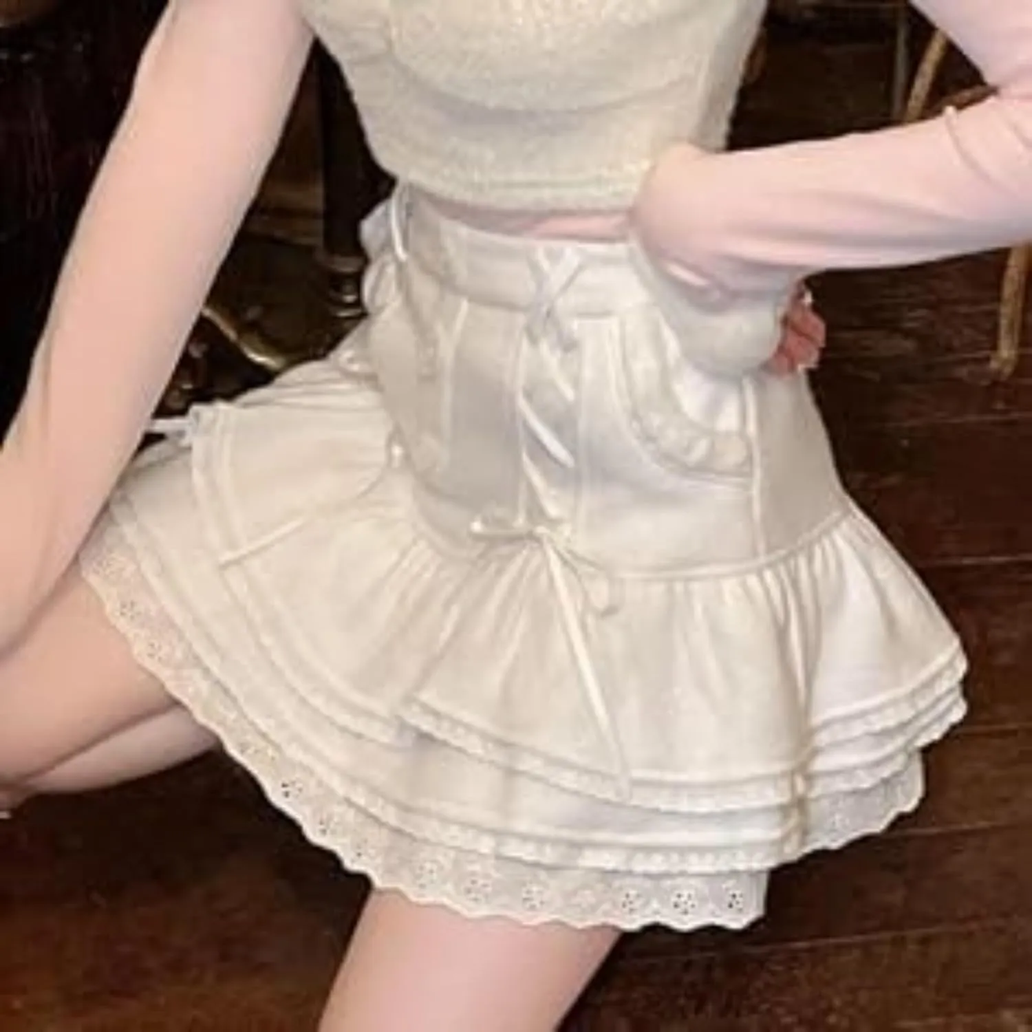 Pokn Mini Skirts Preppy Lolita Kawaii Skirts Harajuku Y2K Skirt Lace Cake Skirts Womens Ruffle Skirt Pleated Skirts