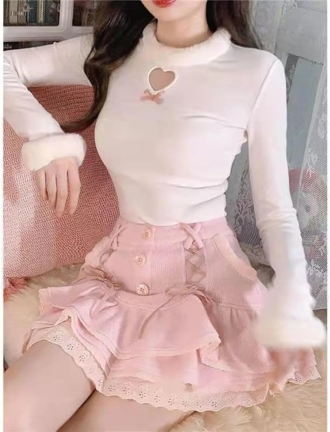 Pokn Mini Skirts Preppy Lolita Kawaii Skirts Harajuku Y2K Skirt Lace Cake Skirts Womens Ruffle Skirt Pleated Skirts