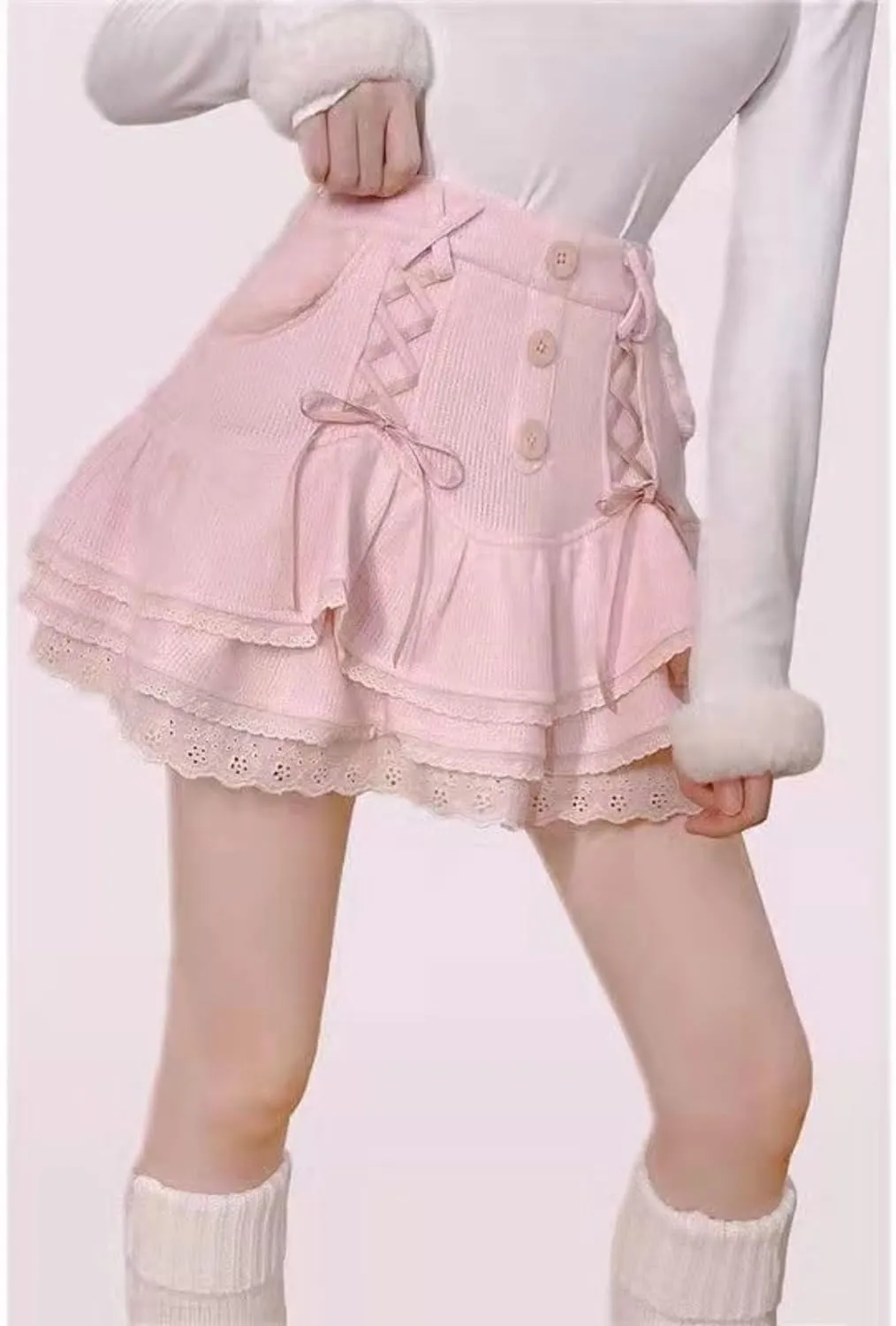 Pokn Mini Skirts Preppy Lolita Kawaii Skirts Harajuku Y2K Skirt Lace Cake Skirts Womens Ruffle Skirt Pleated Skirts