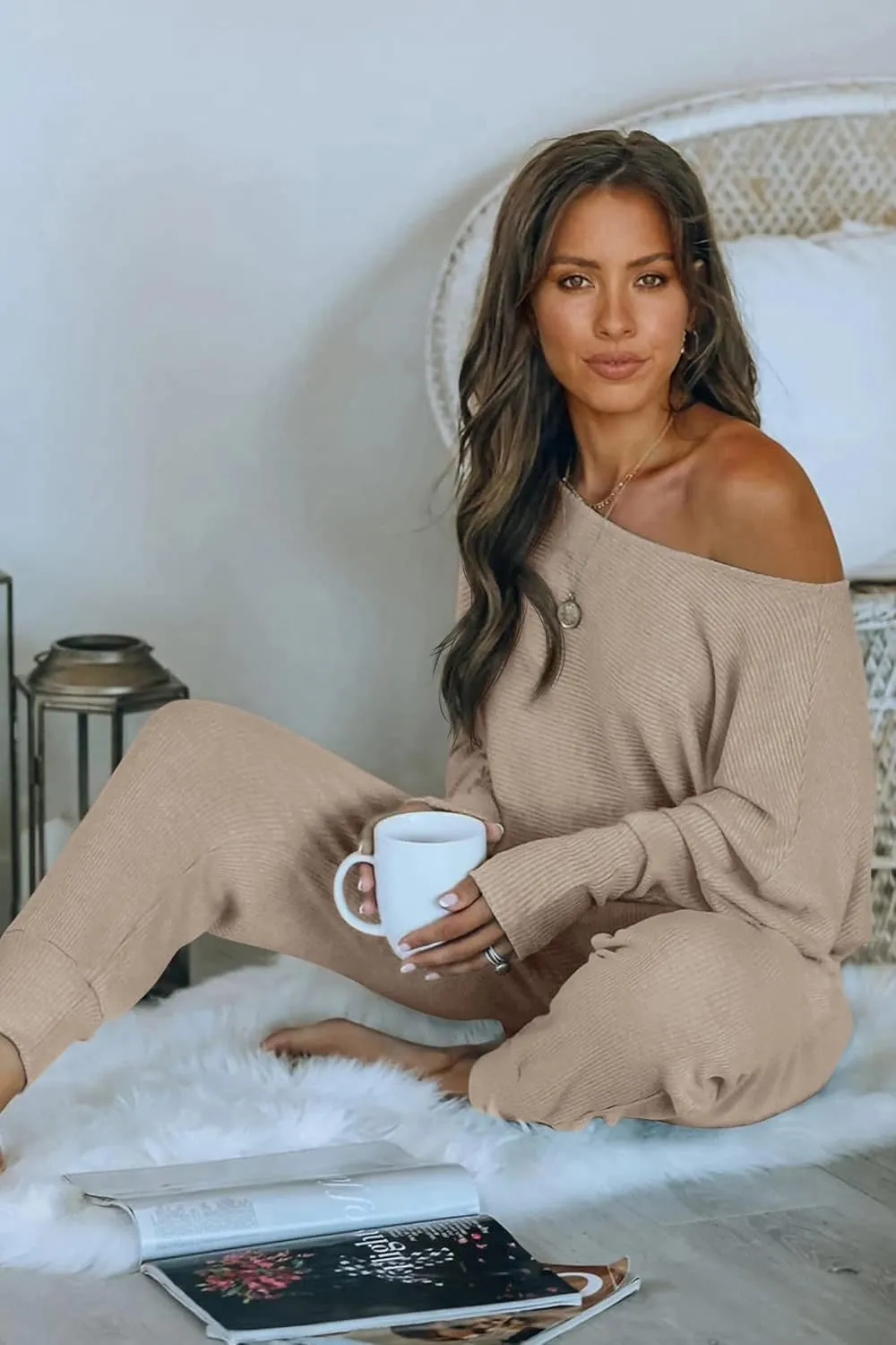 PRETTYGARDEN Women's 2 Piece Ribbed Tracksuit Outfits Off Shoulder Long Sleeve Pullover Lounge Pants with Pockets
